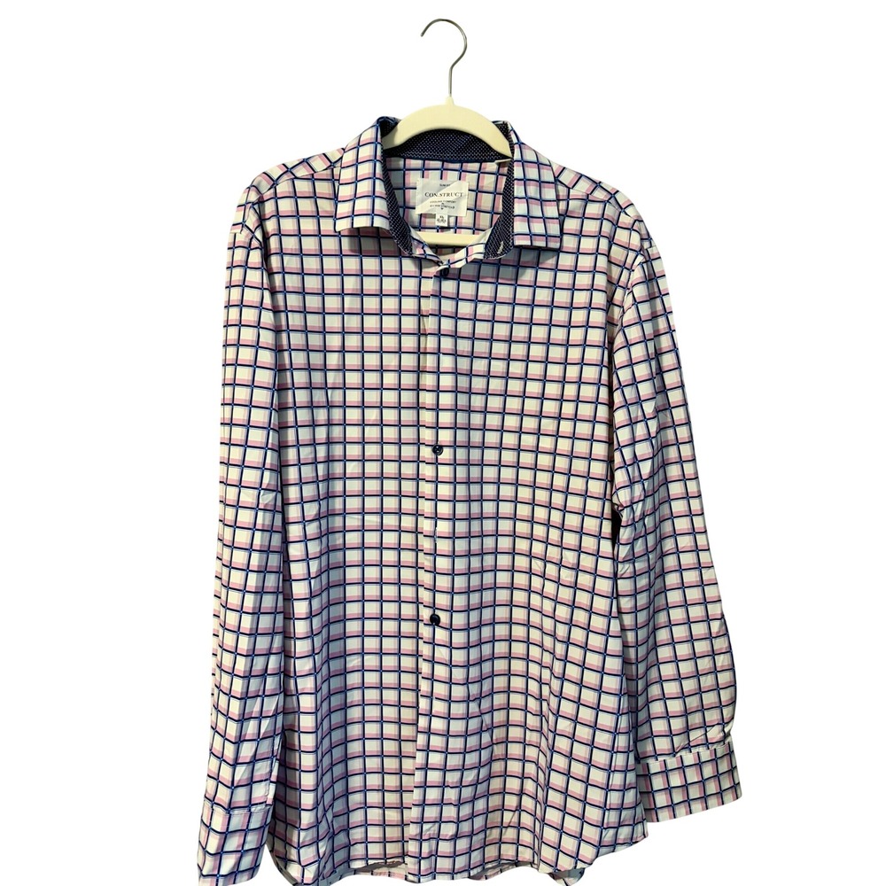 Con.Struct Mens Slim Fit 4-Way Stretch Cooling Dress Shirt Pink Blue Check XL